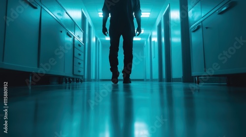 A solitary silhouette of a man walks down a dimly lit, foreboding hallway, evoking feelings of isolation and suspense, with the eerie blue ambiance heightening the mystery. photo