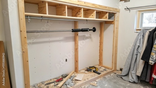 An incomplete hanging area in a builtin closet featuring a single installed rod with tered screws and broken drywall pieces visible on the bottom shelf. photo