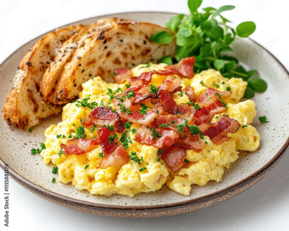 Scrambled eggs with crispy bacon and fresh herbs served on a plate, hearty breakfast, protein-rich meal, classic brunch dish, homemade comfort food Scrambled eggs with crispy bacon and fresh herbs served on a plate, hearty breakfast, protein-rich meal, classic brunch dish, homemade comfort food