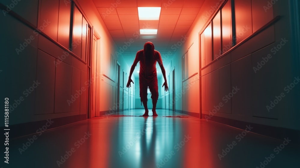 An intriguing figure stands in a long hallway with a captivating blend of red and blue lighting, suggesting a dramatic and mysterious narrative. An intriguing figure stands in a long hallway with a captivating blend of red and blue lighting, suggesting a dramatic and mysterious narrative.