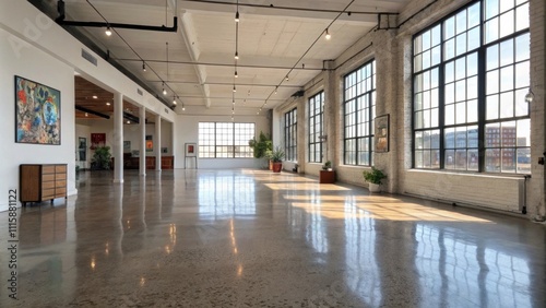 An expansive loftlike area with polished concrete flooring reflecting light surrounded by walls providing an inviting atmosphere for creativity. photo