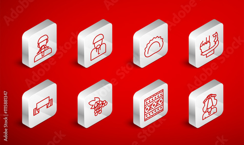 Set line Ukrainian woman, cossack, Dumplings, Monument to founders of Kiev, ethnic pattern, Branch viburnum and Embroidered towel icon. Vector