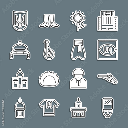 Set line Ukrainian cossack, Vintage pistols, Flag of Ukraine, Sunflower, Bandura, Bread salt, trident and Cossack pants icon. Vector