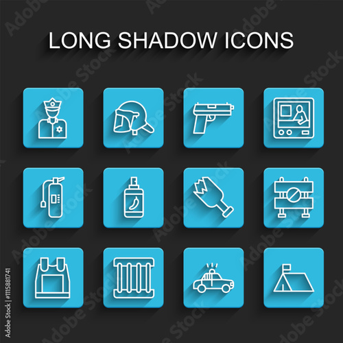 Set line Bulletproof vest, Prison window, Police officer, car and flasher, Protest camp, Pepper spray, Road barrier and Broken bottle weapon icon. Vector