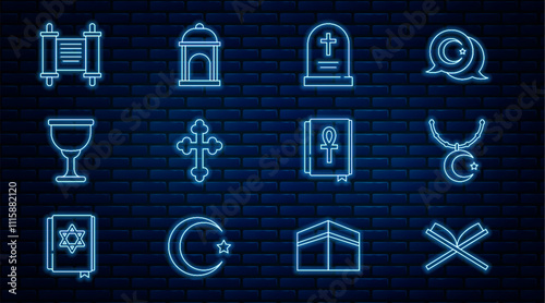 Set line Holy book of Koran, Star and crescent on chain, Tombstone with cross, Christian, grail chalice, Decree, paper, parchment, scroll, Cross ankh and Muslim Mosque icon. Vector