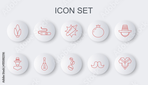 Set line Poncho, Mexican man sombrero, Hot chili pepper pod, Mustache, Corn, Cigar, guitar and Coffee beans icon. Vector