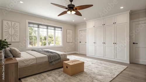 An airy bedroom with palecolored walls a ceiling fan box od and lying on a plush rug with the fan blades organized neatly around it. photo