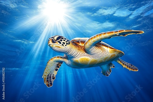 Clear Blue Ocean with Turtle Swimming in Natural Habitat Earth Day Ocean Conservation photo