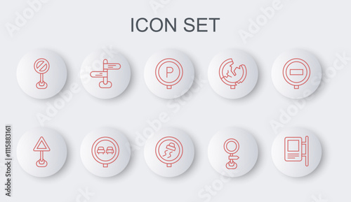 Set line Road traffic sign, Triangle warning blank, Parking, Stop, No overtaking road and Slippery icon. Vector