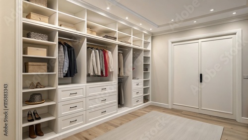 A minimalist closet interior with unpainted drywall displaying an array of floating shelves lined up against the side wall unutilized and clean. photo