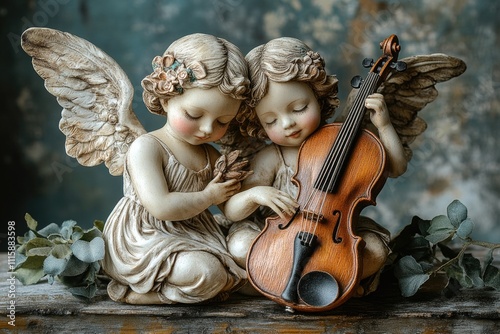 Two cherubic angels, seated, playing violin, vintage style decor.