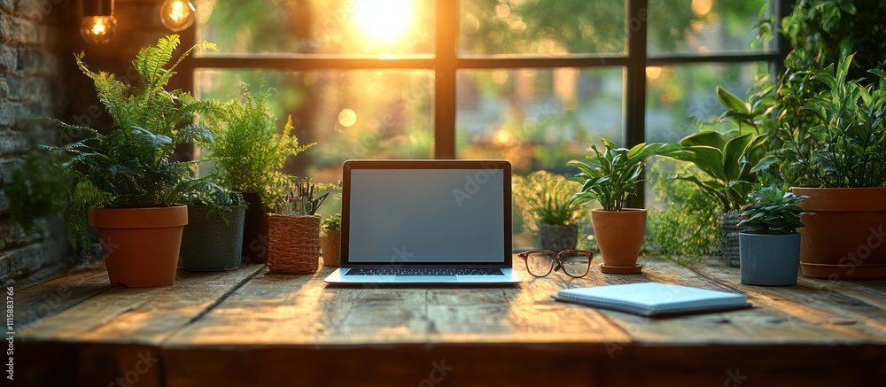 Fototapeta premium Laptop, plants, and notebook on rustic wooden desk by window.