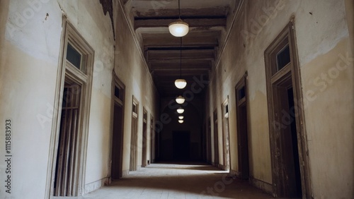 A hallway leading to dark cavernous rooms with empty door frames and light bulbs hanging from the ceiling creating an eerie sense of abandonment.