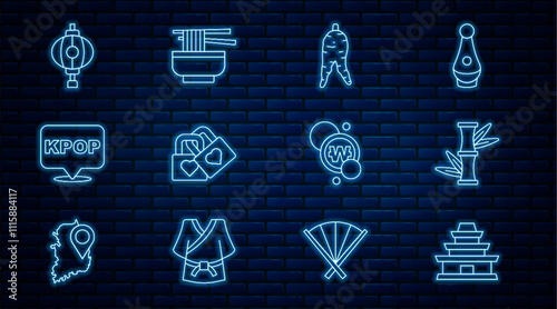Set line Korean temple, Bamboo, Ginseng root, Lock with heart, K-pop, lantern, South won coin and Ramen icon. Vector