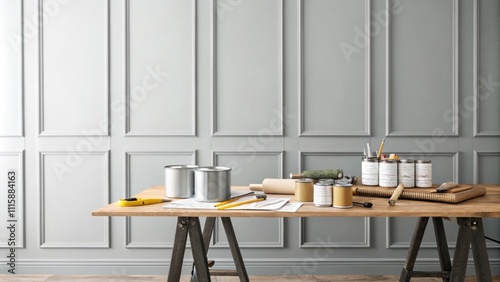 A freshly painted light gray accent wall serves as a backdrop to a stylized work area where planks and paint cans are sorted neatly on a tabletop. photo