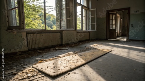 Wallpaper Mural A faded laminate board splintered and discarded near an open window with natural light casting shadows and highlighting the wear on its surface. Torontodigital.ca