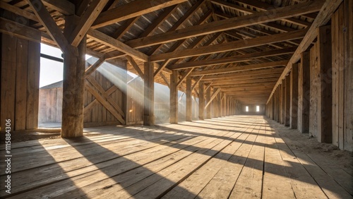 A dynamic shot of sanded wooden planks intersecting with beams of light creating an interplay of shadow and structure on the ground.