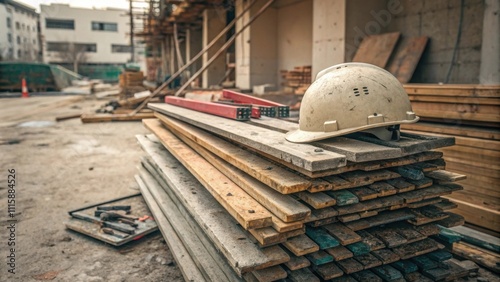 A disordered stack of scaffolding boards and miscellaneous hardware clutters a corner accompanied by a forgotten safety helmet resting on top. photo