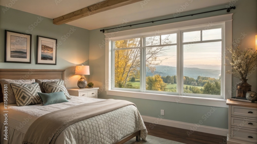 Fototapeta premium A cozy bedroom scene with a newly installed window letting in soft morning light adorned with fresh weatherproofing that offers a touch of modernity.