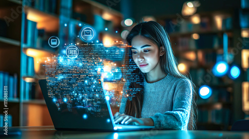 A student woman learns online with futuristic technology. The concept of education, innovation, and digital learning. Generative AI.