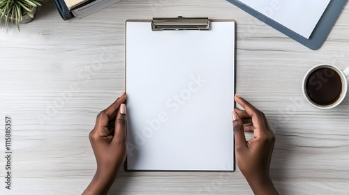 A Black woman's hands resting on a table, holding an empty white sheet of paper