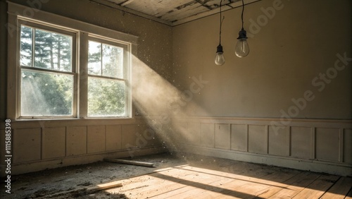 A corner nook filled with dust motes floating in the sunlight featuring a single empty light socket hanging from the ceiling and an unfinished floor in need of attention. photo