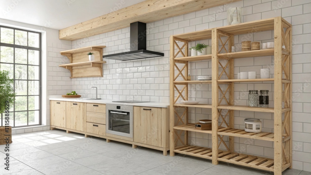 A contemporary kitchen featuring a collection of unfinished wooden shelving kits displayed prominently against a backdrop of white tile exuding a sense of potential and creativity. A contemporary kitchen featuring a collection of unfinished wooden shelving kits displayed prominently against a backdrop of white tile exuding a sense of potential and creativity.