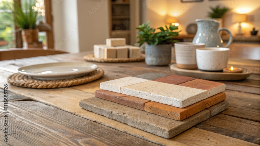 Fototapeta premium A collection of handmade rustic tiles made of natural clay layered with earthy tones awaiting placement in a cozy dining nook.