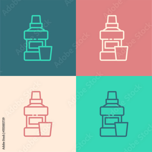 Pop art line Mouthwash plastic bottle and glass icon isolated on color background. Liquid for rinsing mouth. Oralcare equipment. Vector