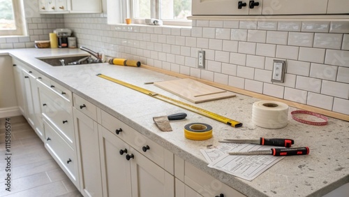 A clean spacious kitchen counter featuring a few tered uninstalled tiles ast tools and a roll of tape inviting anticipation of the upcoming renovation. photo