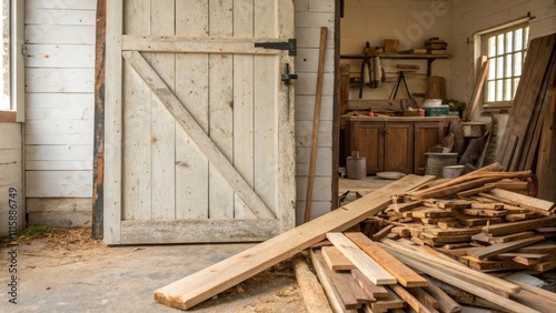 A chaotic pile of lumber pieces varying in lengths leaning against a weathered barnstyle door in a cozy renovation setting. photo