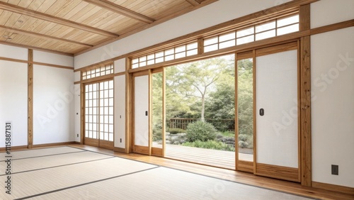 A bright airy space with a featureless white wall the finely crafted wooden framing suggesting a transitional style creating anticipation for the sliding doors to be added.