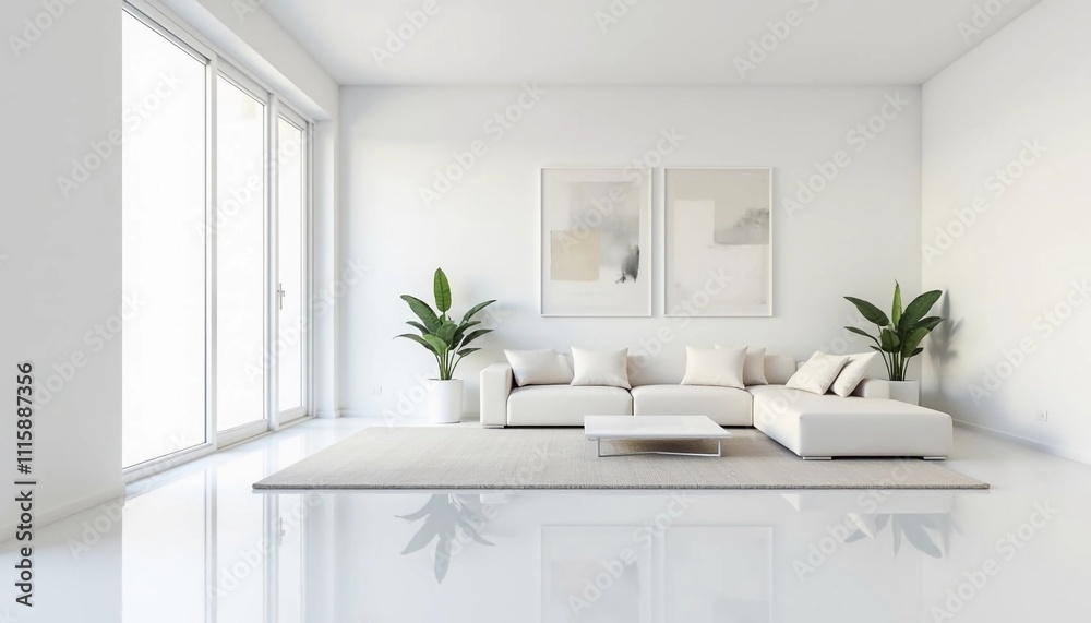 Fototapeta premium A spacious minimalist living room with white furniture, large windows, neutral tones, and decorative plants, creating a modern aesthetic. 