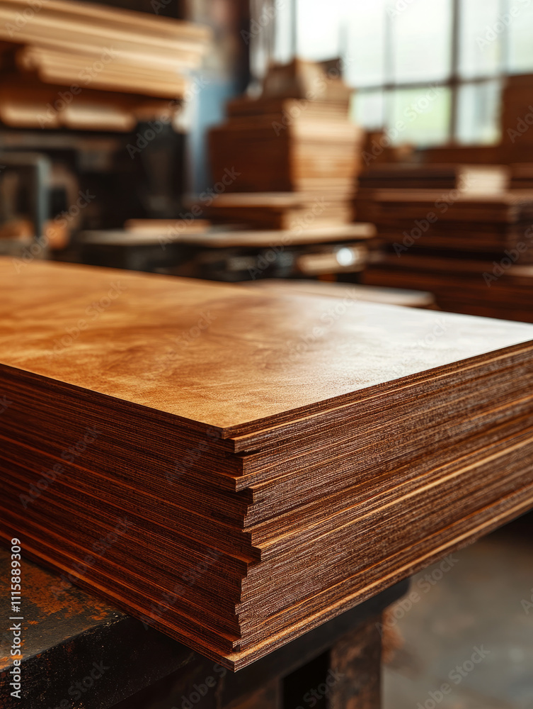 Fototapeta premium Stack of plywood sheets in a workshop setting