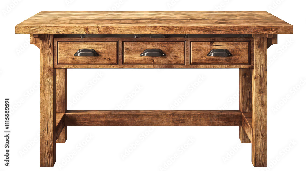 Rustic wooden table with three drawers, perfect for a cozy kitchen or study Rustic wooden table with three drawers, perfect for a cozy kitchen or study