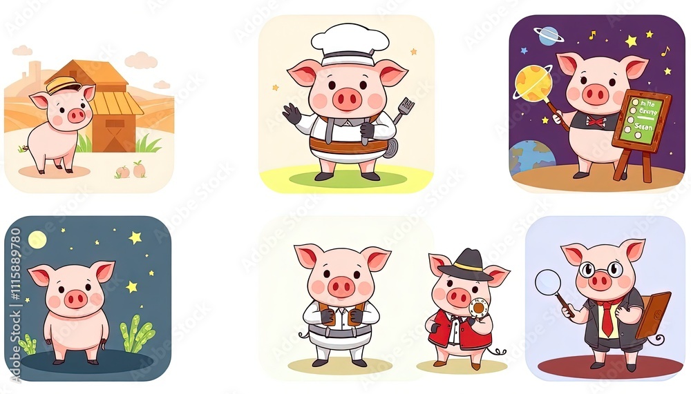 Fototapeta premium set of funny cartoon pik. A delightful collection of whimsical illustrated pigs, perfect for children's content and playful designs. 