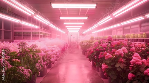 A long, brightly lit greenhouse filled with pink flowers. Rows of plants are visible.

 photo