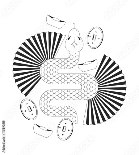 Chinese year of zodiac snake black and white 2D illustration concept. Serpent reptile. New year animal 2025 feng shui coins sycee fans outline composition isolated. Metaphor monochrome vector art