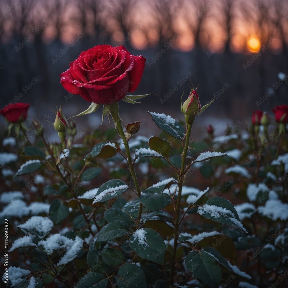 Obraz premium A red rose glowing in winter twilight.