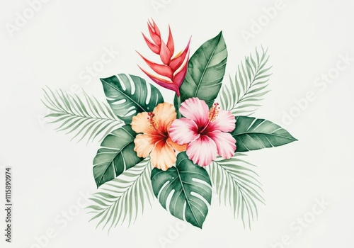 Watercolor Tropical Bouquet with Hibiscus and Heliconia