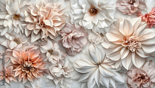 Exquisite close-up of delicate blush and cream dahlia blooms, arranged in a lush, textured floral composition. Perfect for elegant design projects.