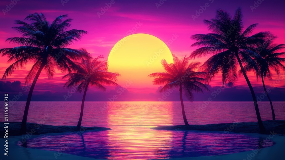 Obraz premium Retrofuturistic neon cityscape at sunset with palm trees