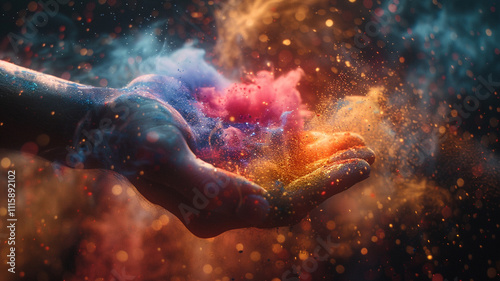 Holi festival concept. Magical rainbow colored powder exploding from the palm of a cupped hand creating a vibrant cloud of dust in the colors of the spectrum over a black background.