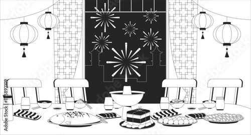 Traditional Lunar New Year foods table black and white line illustration. Chinese dishes, paper lanterns, fireworks night 2D interior monochrome backdrop. Spring festival dinner outline vector