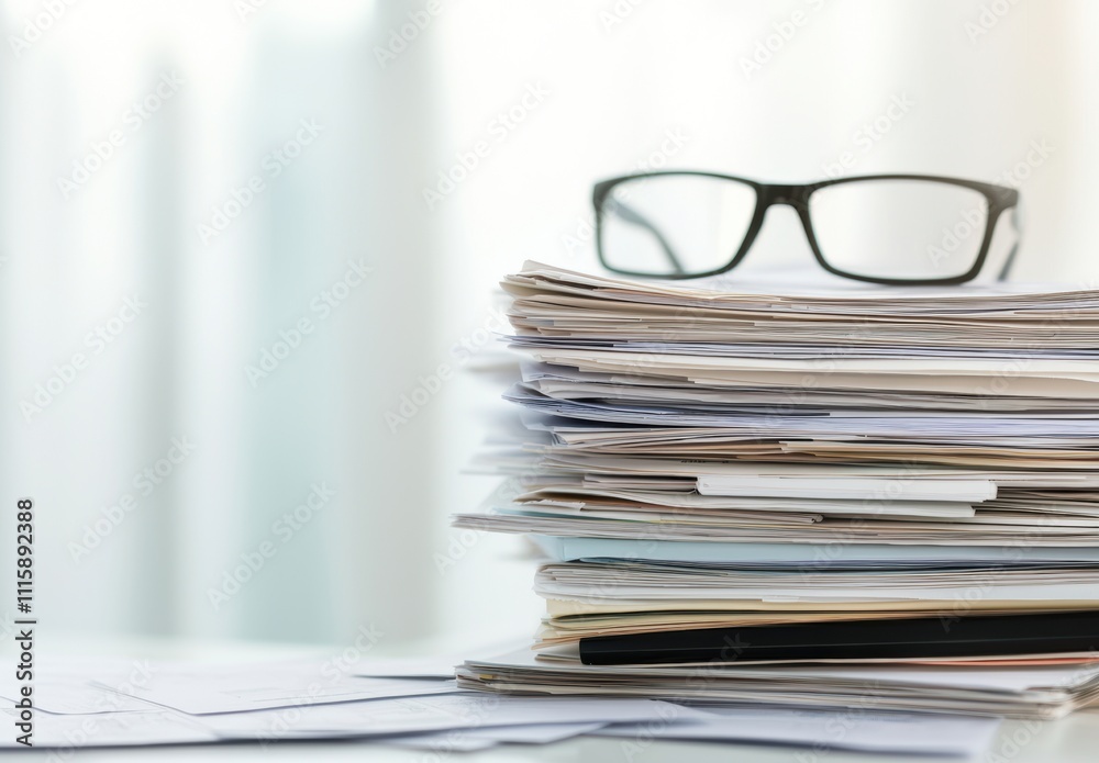 A Chaotic Stack of Unorganized Documents with Reading Glasses in the Background, Symbolizing Overwhelmed Office Environment and Administrative Tasks A Chaotic Stack of Unorganized Documents with Reading Glasses in the Background, Symbolizing Overwhelmed Office Environment and Administrative Tasks