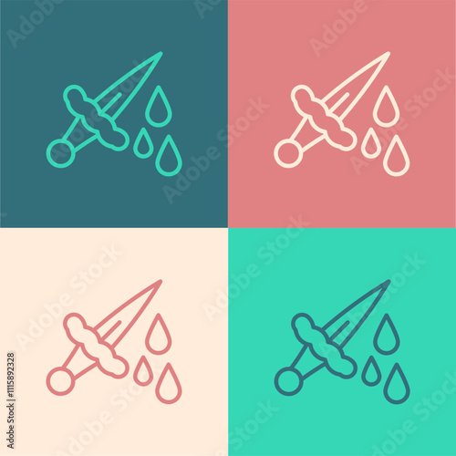Pop art line Sword with blood icon isolated on color background. Medieval weapons knight and soldier. Symbol of murder. Vector