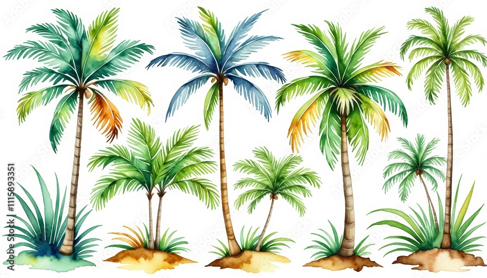 Vibrant watercolor palm trees on white background: tropical nature art Vibrant watercolor palm trees on white background: tropical nature art