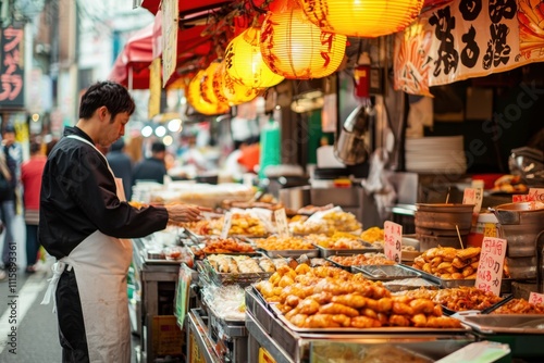 A vibrant japanese street food market scene in tokyo showcasing delicious cuisine and culture quality visual experience lively atmosphere culinary adventure photo