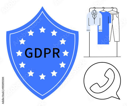 Blue shield with stars labeled GDPR, clothes on a rack, and a phone icon signify privacy in e-commerce. Ideal for data protection, online shopping, privacy policies, digital security, customer trust
