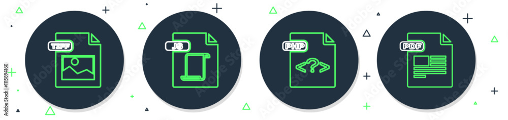 Set line JS file document, PHP, TIFF and PDF icon. Vector Set line JS file document, PHP, TIFF and PDF icon. Vector